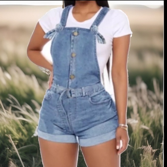 90’s Style Trend Stone Wash Style Button High Waist Overalls Demin Jumper Shorts - Picture 6 of 16